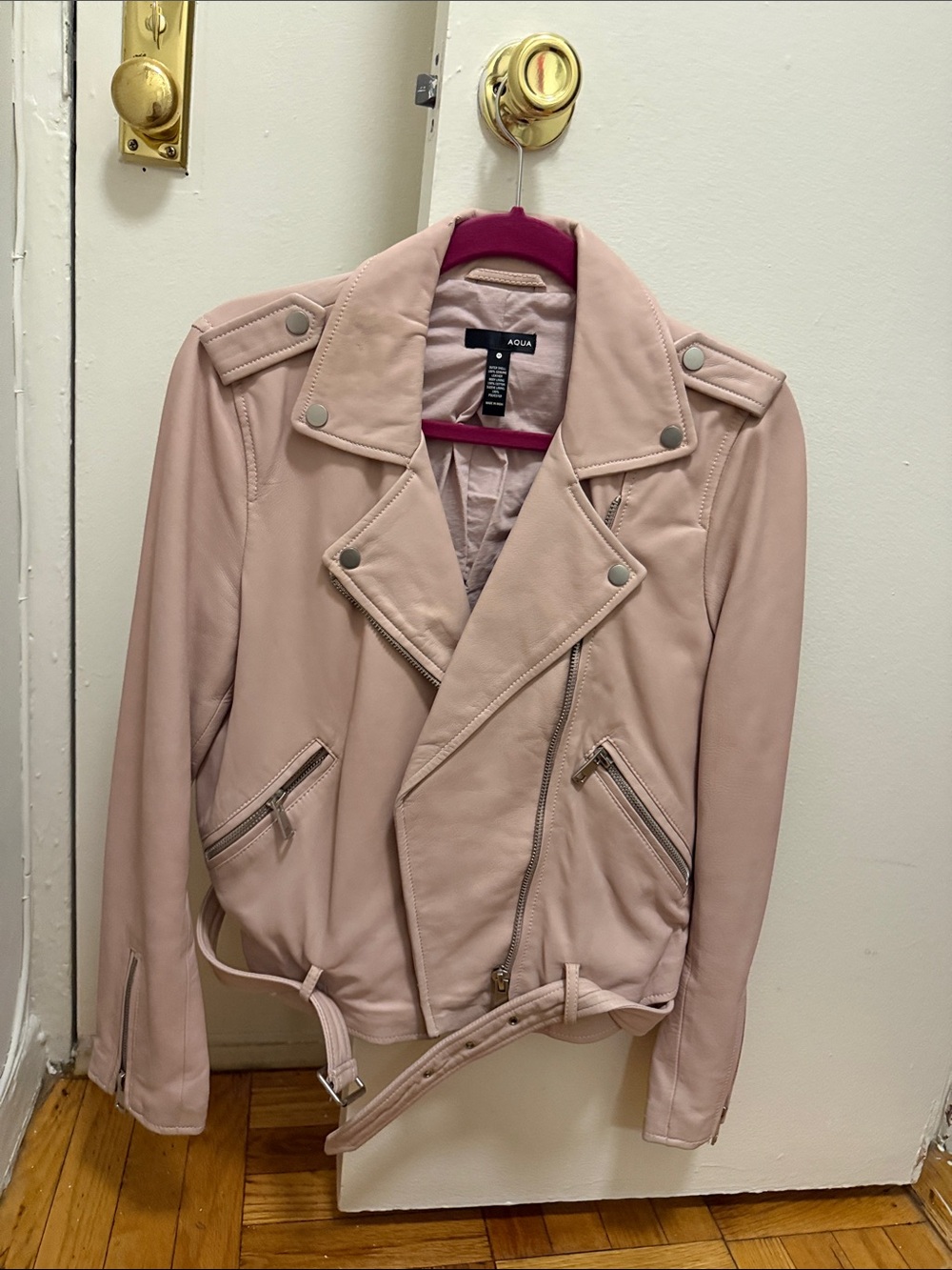Aqua Blush Pink Faux Leather Moto Jacket with Belt